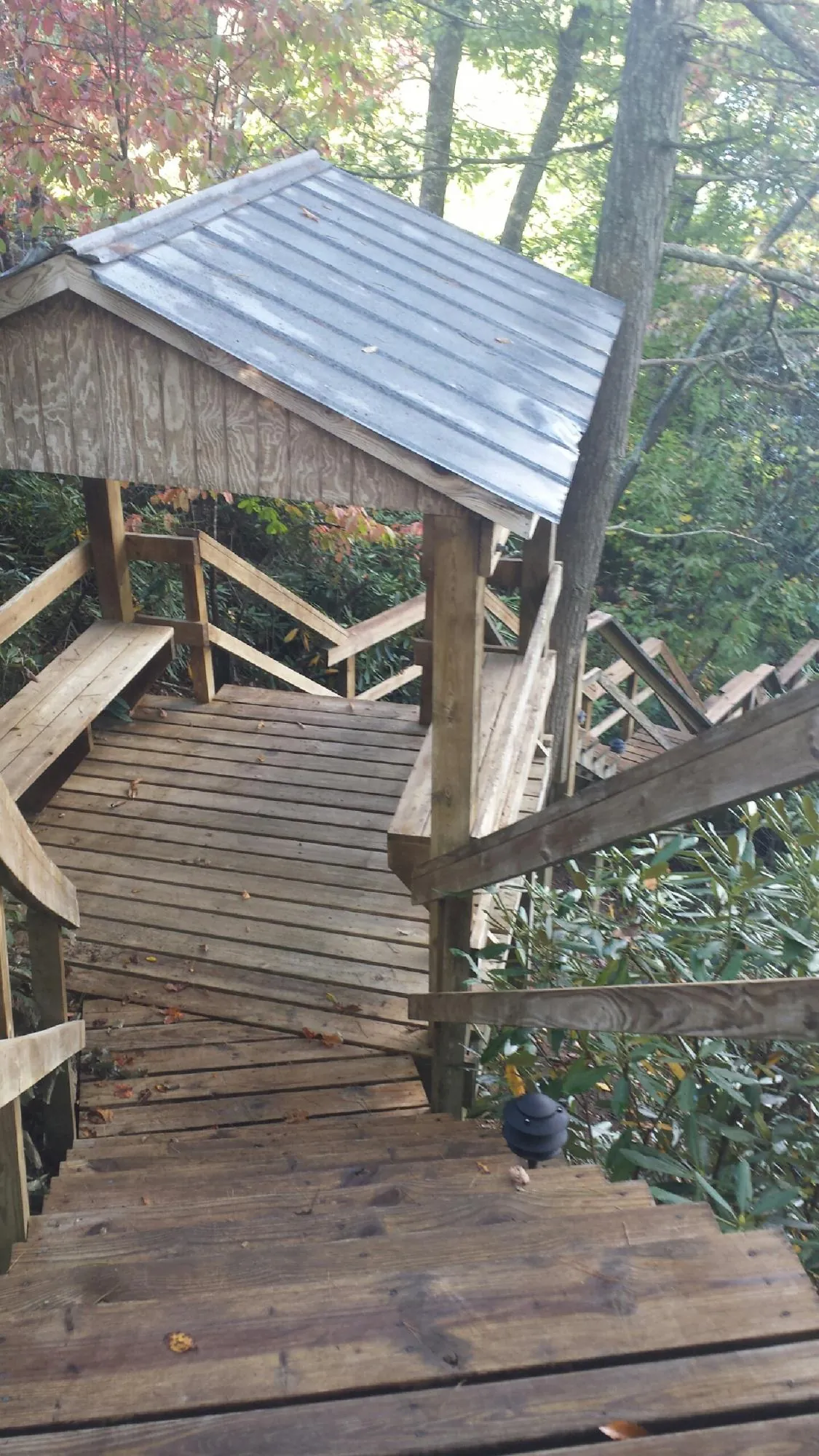 Metal roofed shelter over wooden steps on a wooded walkway — Skylight Repair & Installation work by our crew in Lucas